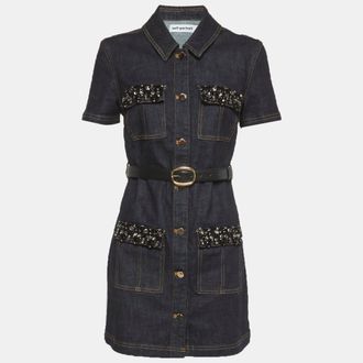 Self Portrait Blue Denim Crystal Trim Mini Dress