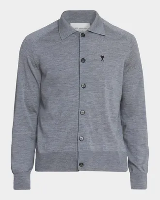 Ami Men & apos;s Embroidered-Logo Wool Knit Cardigan