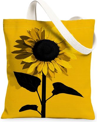 Generic Sunflower Canvas Tote Bags, Floral Design Reusable Grocery Bags, Summer Lightweight Washable Shoulder Strap Canvas for Trav, Yellow, 13x15 Inch