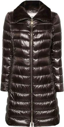 Herno Long Down Jacket with Fur Collar Dark Brown