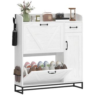 HOMCOM Homcom Zapatero Estrecho Con 2 Cajones Abatibles, Zapatero Entrada Recibidorcon Caj&oacute;n Y Estantes Ajustables, Para 12 Pares, 106,7x26x116 Cm, Blanco