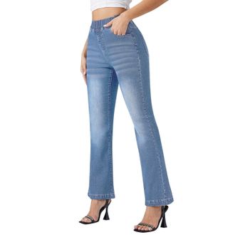 Generic Bootcut Jeans for Women Trendy Elastic Waist Straight Leg Flared Jeans Tummy Control Butt Lifting Bell Bottom Denim Pants Pull On Cropped Trousers wit