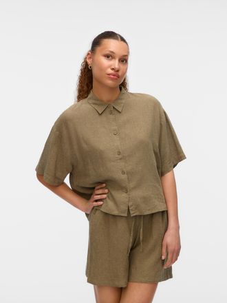 Vero Moda Hemdbluse VERO MODA VMLINN LINEN 2/4 SHORT SHIRT WVN NOOS, Damen, Gr. XL, kalamata detail:melange, Web, Obermaterial: 55% Leinen, 45% Viskose, meliert