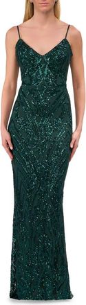 La Femme Print Sequin Gown in Jewel Tones with V Neckline in Dark Emerald at Nordstrom, Size 12