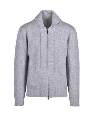 KANGRA Light Grey Wool Zip Jacket With Textured Knit And Ribbed Details