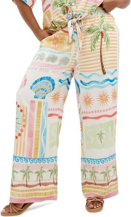 City Chic Aliya Print Wide Leg Pants in Sea Dream Plc at Nordstrom, Size 20W