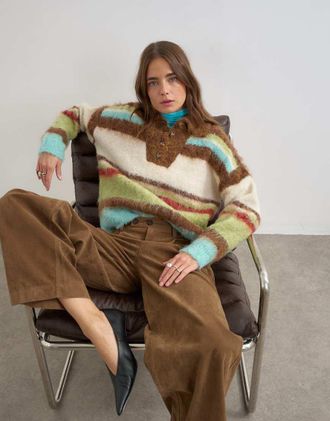 Topshop maglione polo a righe pelose marrone multicolore