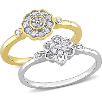 Delmar Set of 2 Sterling Silver Diamond Flower Rings - 0.14ct. in Silver/Gold at Nordstrom Rack, Size 9