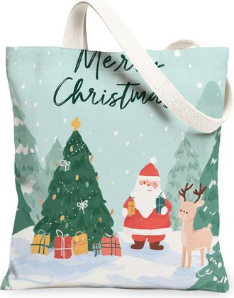 Generic Holiday Canvas Tote Bags, Winter Scene Design Reusable Grocery Bags, Merry Christmas Lightweight Washable Shoulder Strap Fo, Light Blue, 13x15 Inch