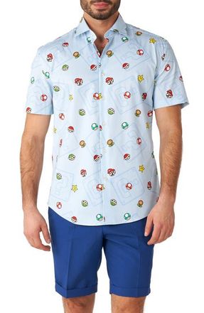 OppoSuits Super Mario Stretch Short Sleeve Button-Up Shirt in Blue at Nordstrom, Size Xxx-Large