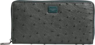 Dolce & Gabbana Green Ostrich Logo Plaque Zip Around Continental Mens Wallet