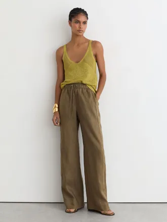 Reiss Khaki Green Linen Ladder-embroidery Wide-leg Trousers, 08R