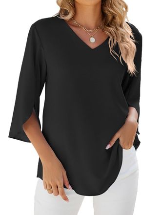 SHEKINI Womens Chiffon Blouse 3/4 Ruffle Split Sleeve V Neck Tunic Shirts Elegant Casual Flowy Tshirt Tops Ladies Dressy Blouses Office Work Blouse Black