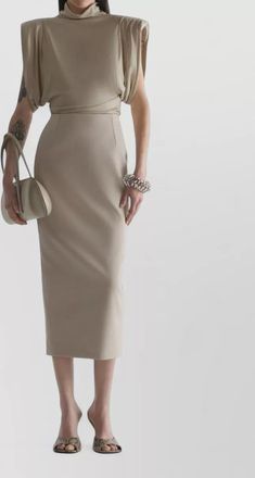 MUGLER draped sleeve midi dress high neckline