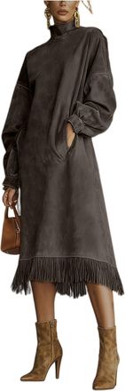 Generic Womens Faux Suede Western Vintage Midi Dress, Long Sleeve High Neck Fall Winter Velvet Style Casual Elegant Oversized Outfit (Black,M)