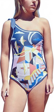 Jessie Zhao Dream Like One Shoulder One Piece Swimsuit In Green/ Blue Multi