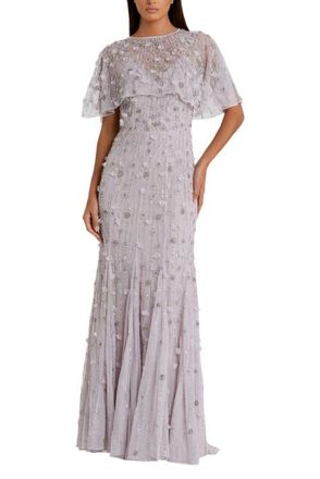 Mac Duggal Womens Embellished Illusion Cape Sleeve Trumpet Gown in Vintage Lilac at Nordstrom, Size 16