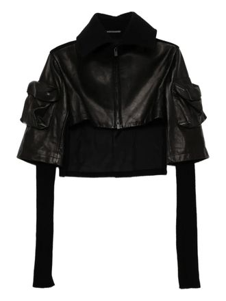 Yohji Yamamoto horse suede ribbed sleeves jacket - women - Wool/Cupro/Horse Leather - 2 - Black