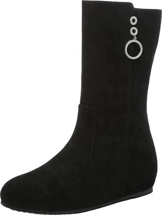 Generic Womens Leisure Mid Calf Boots Round Toe Hidden Wedge Increasing Heel With Side Zipper And Pleated Upper Daily Shoes