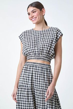 Roman Gingham Check Print Textured Top