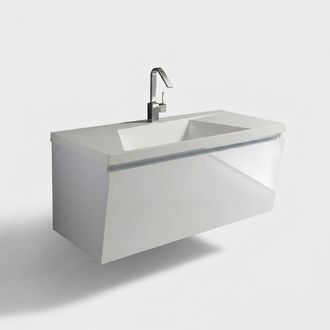 Oresteluchetta Mueble De Ba&ntilde;o Suspendido Con Lavabo De Mineralm&aacute;rmol, Base Suspendida De 1 Puerta