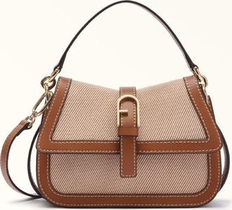 Furla Flow Borsa A Mano Mini Toni Cognac Marrone Tessuto Di Canvas + Pelle Di Vitello Sidney Donna