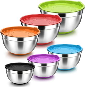 OEM Juego De 6 Boles Mezcladores De Acero Inoxidable Con Tapas Herm&eacute;ticas, Boles De Cocina, Base De Silicona Antideslizante Y Marcas De Medici&oacute;n, 0,8 L, 1