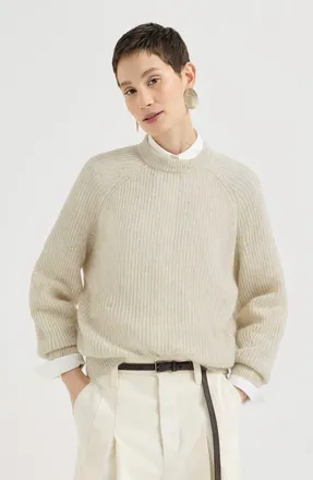 Brunello Cucinelli Mohair, cotton and wool Diamond yarn English rib sweater in Ivory at Nordstrom, Size Xxx-Large