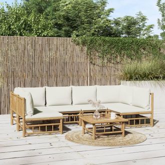 vidaXL Set De Muebles De Jard&iacute;n 7 Piezas Bamb&uacute; Y Cojines Blanco Crema Vidaxl