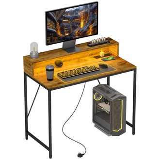 HOMCOM Computer Desk with LED Lights - Study Table with Shelf - Rustic Brown | TJ Hughes