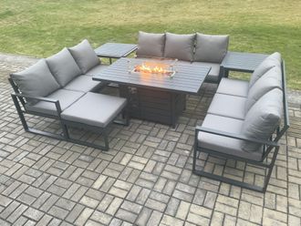 Fimous Aluminium 10 Seater Garden Furniture Outdoor Set Patio Lounge Sofa Gas Fire Pit Dining Table Set with Big Footstool 2 Side Tables