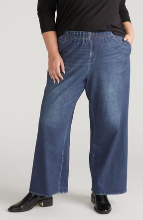 Universal Standard Claude Printed Denim Wide Leg Pull-On Pants in Washed Printed Blue at Nordstrom, Size Xs