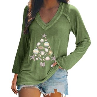 Generic Workout Tops T Shirts Womens Casual V Neck Long Sleeve Christmas Tree Print T Shirt Top Women T Shirt Summer (Green, XXL)