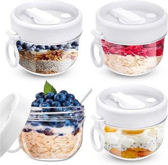 No Brand 4 Recipientes Para Avena Nocturna Con Tapa, Cucharas, Vaso Para Muesli De 600 Ml, Vasos Para Yogur, Tarros De Avena Para Leche, Muesli Y Yogur