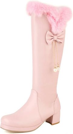 Generic Qynthra Womens Knee High Boots Faux Fur Trim Decorative Bow Gold Chain Tassels Block Heel Winter Footwear Romantic Date Night,Pink,4.5 UK