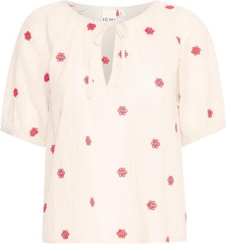 Ichi Amandel Melk Blouse met Fijn Print - Dames - Blouses - Beige - S - Katoen - Overhemden