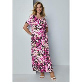 Jessica London Stretch Cotton T-Shirt Maxi Dress in Raspberry Graphic Leaves at Nordstrom, Size 16P