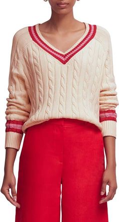 Boden Maeve Cable Stitch Cotton V-Neck Sweater in Ivory Cable Red at Nordstrom, Size X-Small