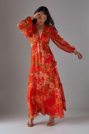 Warehouse Womens Petite Chiffon Cut Out Waist Ruffe Maxi Dress - Floral - Size 14 UK