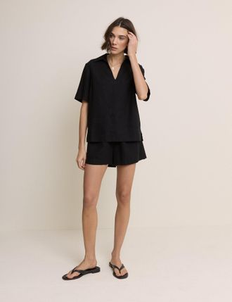 Nobody's Child Black Gale Collared Linen T-Shirt