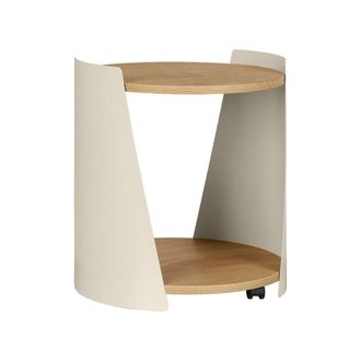 Sweeek Mesa auxiliar de metal y efecto madera con ruedas, beige