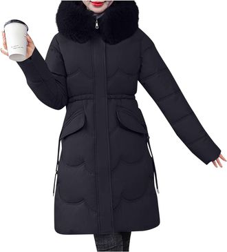Generic Winter Coats for Women UK Long Hooded Puffer Jackets with Faux Fur Collar Outercoat with Pockets Thick Parka Slim Fit Warm Windbreaker Padded Jackets 