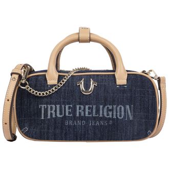 True Religion Bentley Denim & PU Mini Satchel - Womens Top Handle Crossbody Handbag with Chain Detail (Dark Denim)