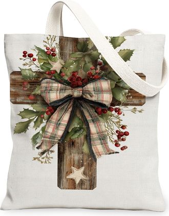 Generic Rustic Vintage Christmas Canvas Tote Bags, Holiday Floral Bow Pattern Reusable Shopping Bags, Lightweight Washable Shoulder, White, 13x15 Inch