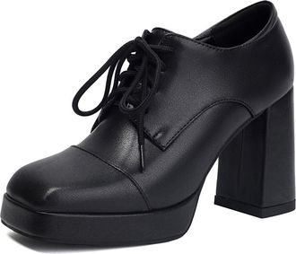 Generic Womens Chunky High Heel Platform Pumps Square Toe PU Leather Retro Dress Shoes Lace Up Heeled Brogues,Black,3.5 UK