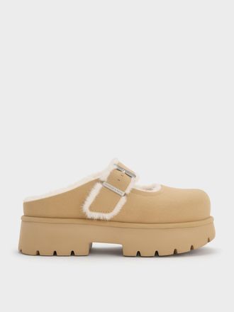 Charles & Keith Bergen Textured Fur-Trim Buckled Platform Mules