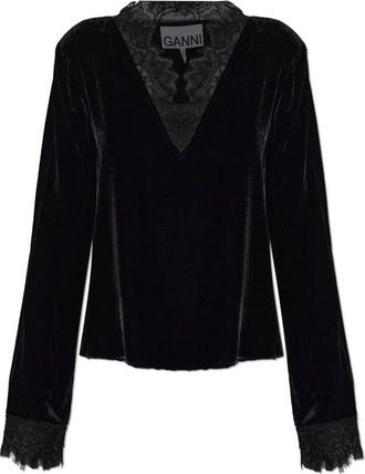 Ganni Fluwelen top met kanten details - Dames - Blouses - Zwart - XS - Rayon - Overhemden