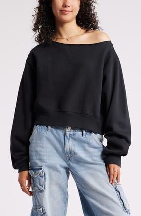 BP. Fleece Detail Off the Shoulder Sweatshirt in Black Jet at Nordstrom Rack, Size Medium