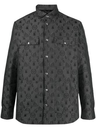 Philipp Plein monogram embroidery long-sleeved shirt - men - Polyester/Cotton - M - Black