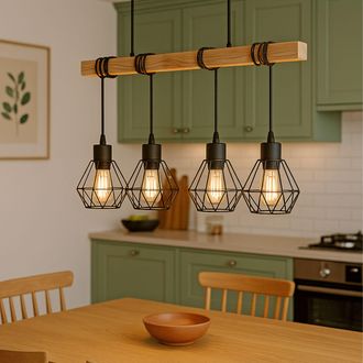 Eglo Eglo Townshend 5 Black/Natural Metal & Wood 4-Light Geometric Pendant - Industrial Style (L) 70cm in Black